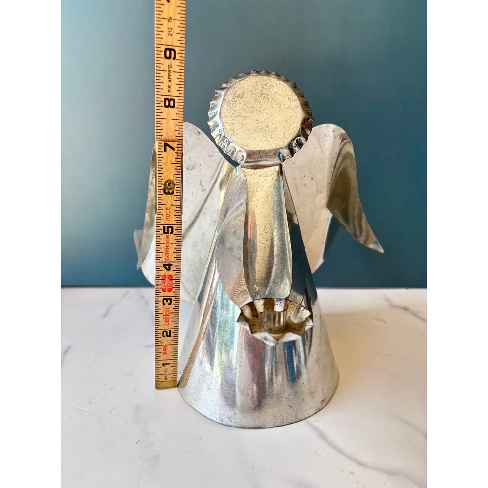 Vintage Folk Art Metal Angel Candle Holder Christmas Tree Topper Silver Tone